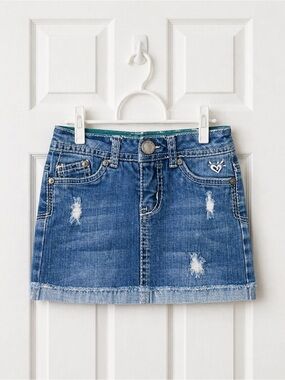 Justice Girls Distressed Denim Mini Skirt Size 6R Frayed Hem Embroidered Heart